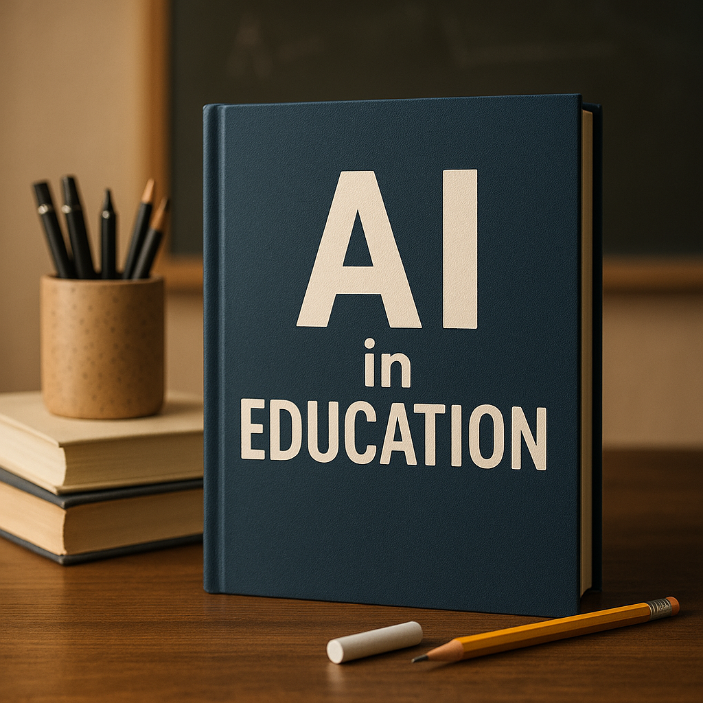 A deep blue hardcover book titled ‘AI in Education’ stands on a wooden desk beside stacked textbooks, a pencil holder, a yellow pencil, and a piece of white chalk under soft, diffused studio lighting