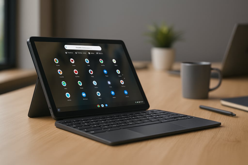 Lenovo Chromebook Duet 3 2-in-1 on a light wooden desk with detachable keyboard and kickstand, showing the Chrome OS apps grid; soft, professional office background with mug, notebook, and plant out of focus.