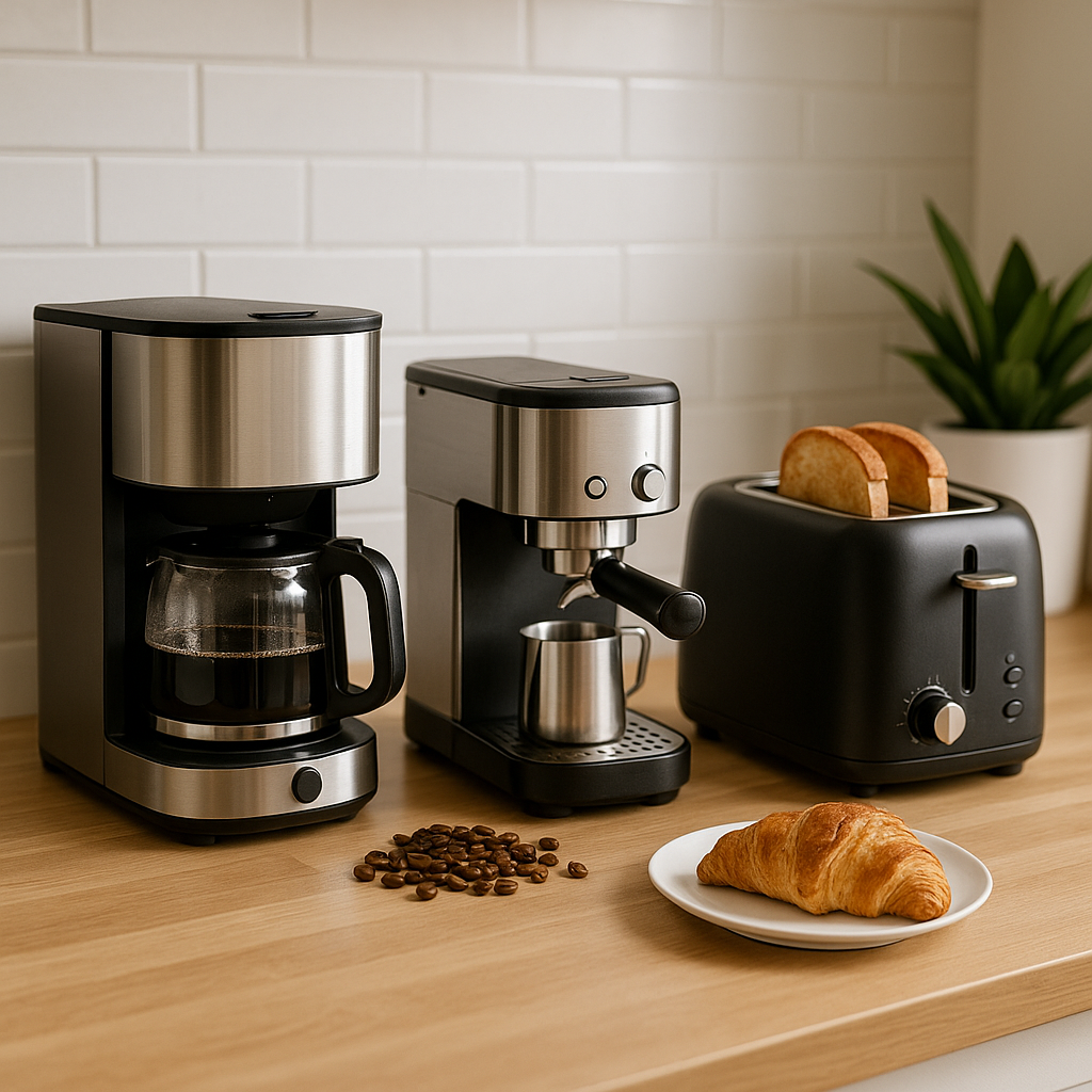Modern kitchen countertop with a stainless drip coffee maker, compact espresso machine, and matte-black two-slice toaster with toast; coffee beans and a croissant on a plate sit on warm wood against a white subway-tile backsplash.