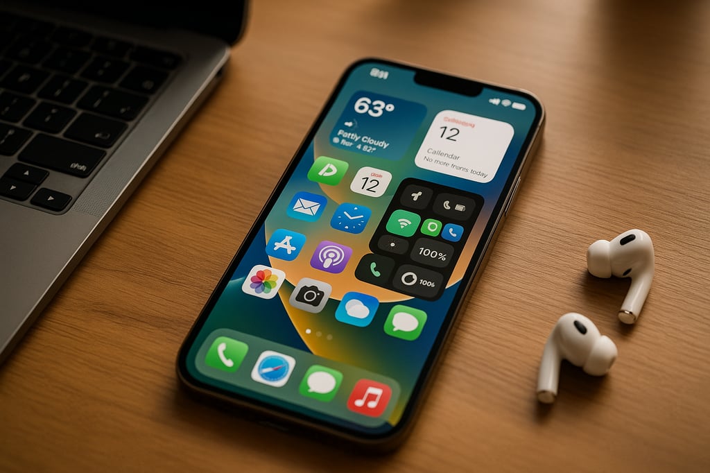 Ultra-realistic photo of an iPhone on a clean desk, displaying an iOS Home Screen with customizable widgets and Focus controls—ideal, attractive hero image for “Maximizing Your iOS Experience”.