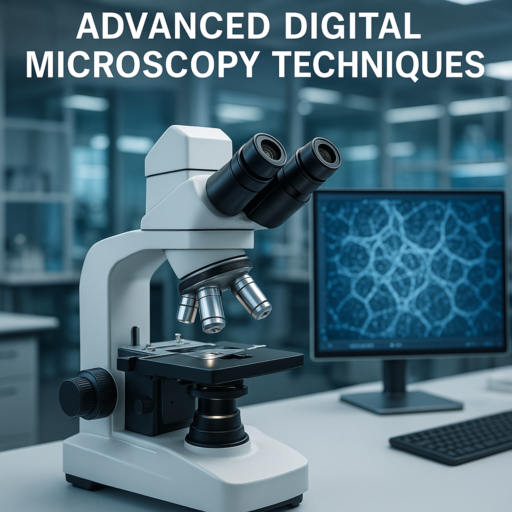 Ultra-realistic digital microscope in an ultra-modern laboratory, illustrating advanced digital microscopy techniques with a high-resolution monitor displaying detailed cell structures.
