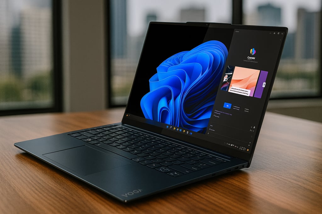 Lenovo Yoga laptop on a wooden desk in a modern office, screen displaying the Windows 11 wallpaper with the Copilot side panel, with large window panes and a softly blurred city skyline in the background.