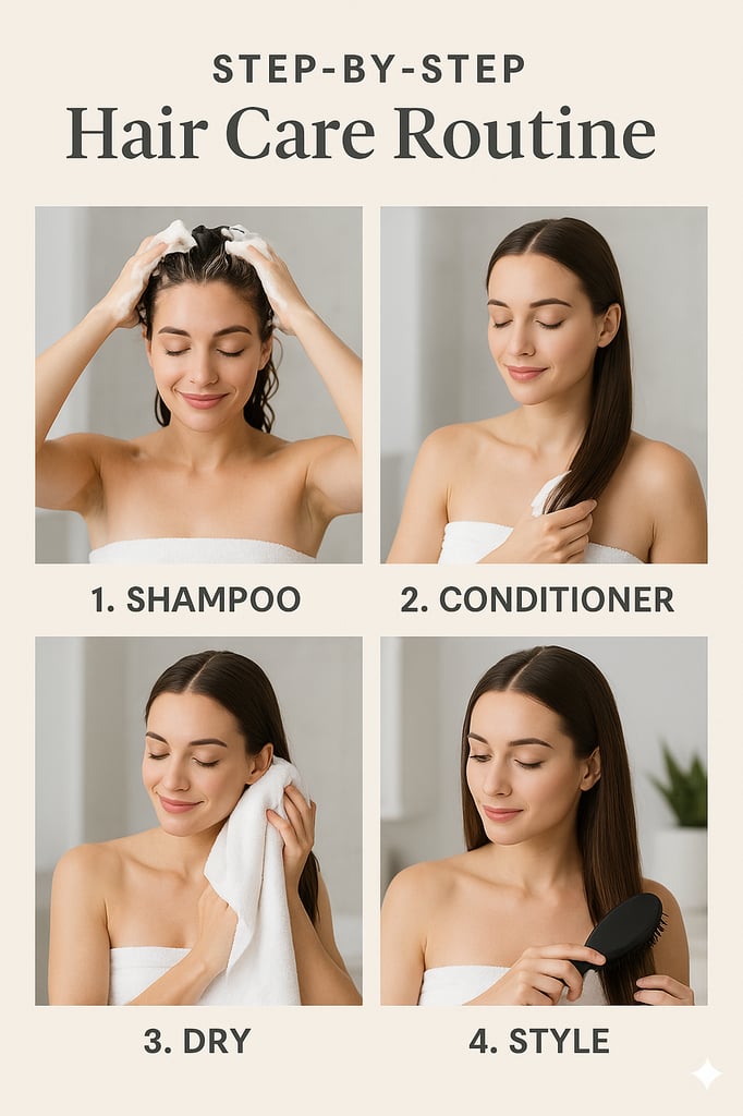 Step-by-step hair care routine illustrated with four panels: a woman shampooing her hair, applying conditioner, drying with a towel, and brushing her styled hair. Each step is labeled Shampoo, Conditioner, Dry, and Style.