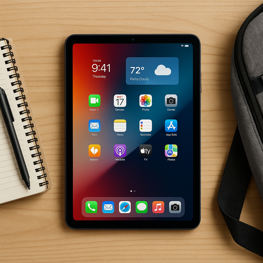Budget-friendly tablet with a colorful home screen, notebook, pen, and backpack arranged on a wooden desk—ideal setup for college students.