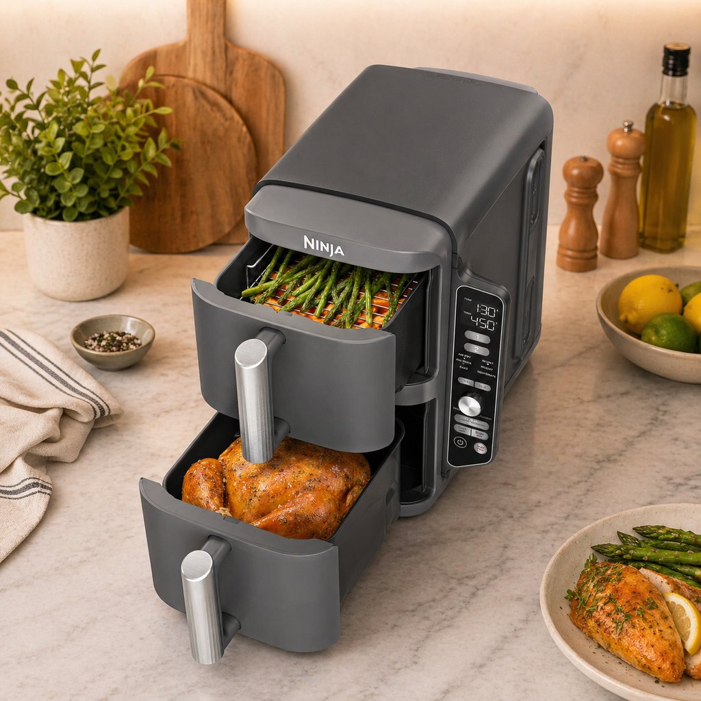 Ninja double stack dual basket air fryer cooking chicken and vegetables in a modern kitchen, ideal for large families and multi-level cooking