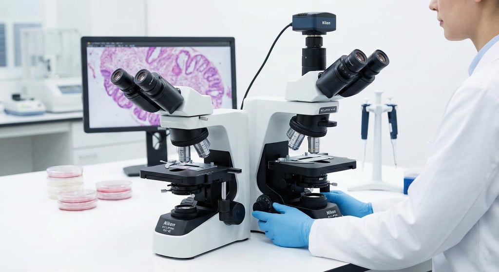 Laboratory technician using two Nikon Eclipse compound microscopes with a histology slide displayed on a computer monitor in a bright, modern medical laboratory, with Petri dishes and pipettes arranged on the white workbench