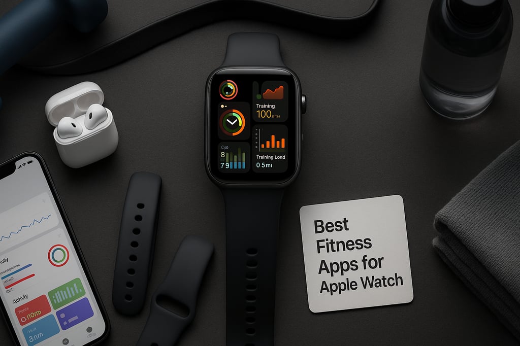 Best Fitness Apps for Apple Watch — Apple Watch on a dark desk showing activity and training metrics, with iPhone Health app, AirPods, and workout gear nearby.