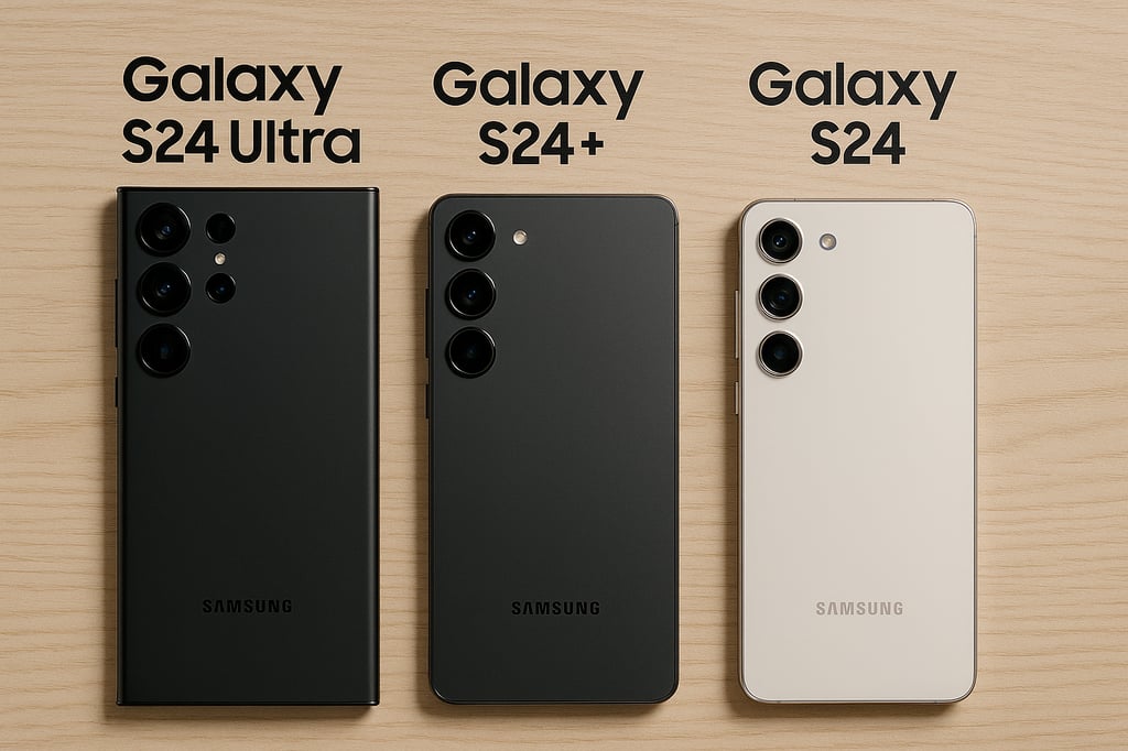 A digital photograph displays three Samsung Galaxy S series smartphones — the Galaxy S24 Ultra, Galaxy S24+, and Galaxy S24 — aligned side by side on a light wood surface. Each phone is shown from the rear, highlighting their distinct camera layouts and finishes. The Galaxy S24 Ultra features a quad-camera setup, while the S24+ and S24 have triple-camera systems. The names of each model are labeled above in bold black text.
