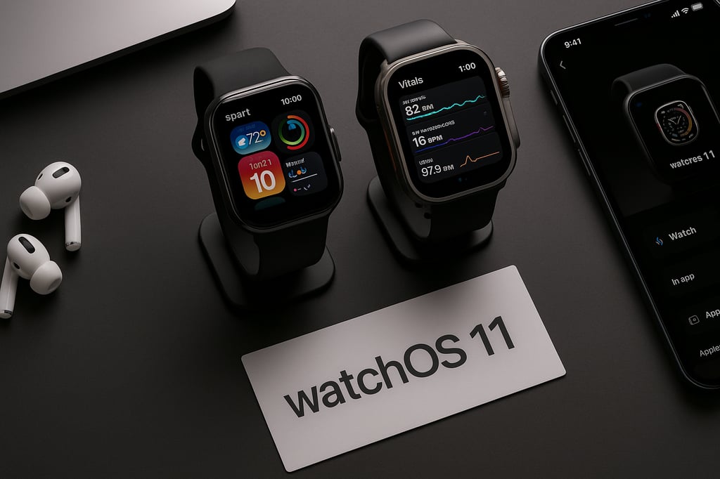 watchOS 11 Review — two Apple Watches on stands showing activity and vitals, alongside an iPhone and AirPods on a dark matte desk