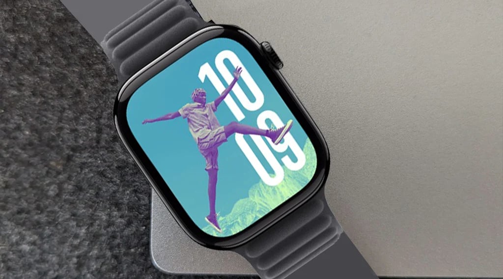 Apple Smartwatch Series 11 in black with a sleek rectangular display showing a custom watch face. The face features a colorful silhouette of a person jumping in front of large digital numbers 10:09 on a light blue background. The watch rests on a gray textured surface.
