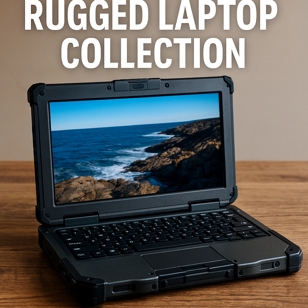 Rugged laptop placed on a wooden desk with industrial background, showcasing durable design and robust build