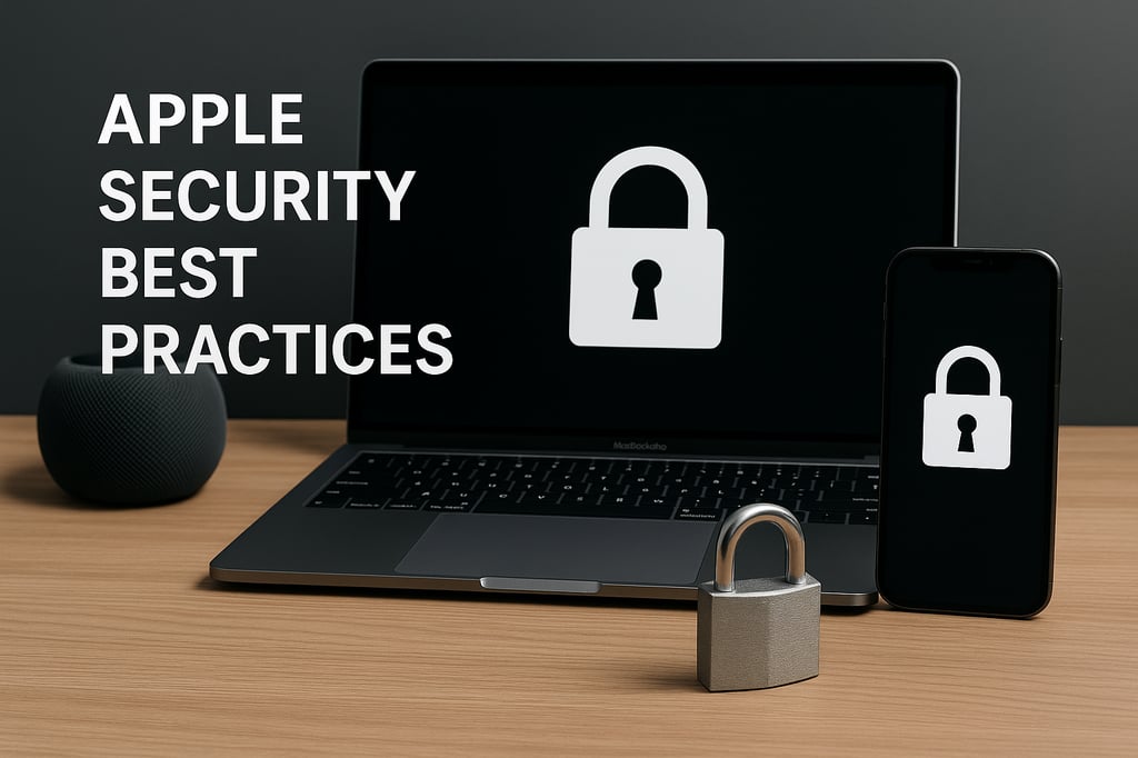 Ultra-realistic Apple security scene with a MacBook, iPhone, and iPad on a clean desk, showing lock icons and privacy cues that represent Face ID, two-factor authentication, and encrypted data across Apple devices.