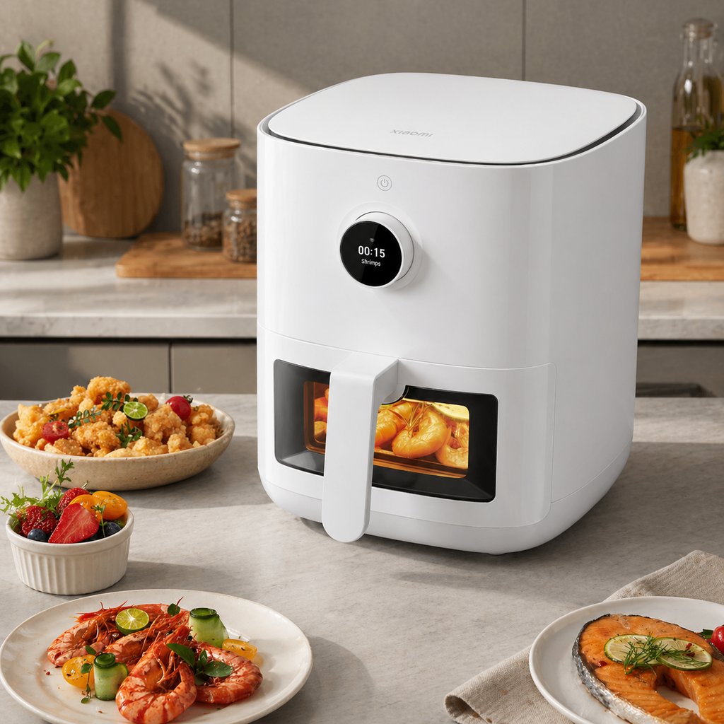 Modern white smart air fryer placed on a stylish kitchen countertop with cooked shrimp and healthy meals, ideal for compact home kitchens