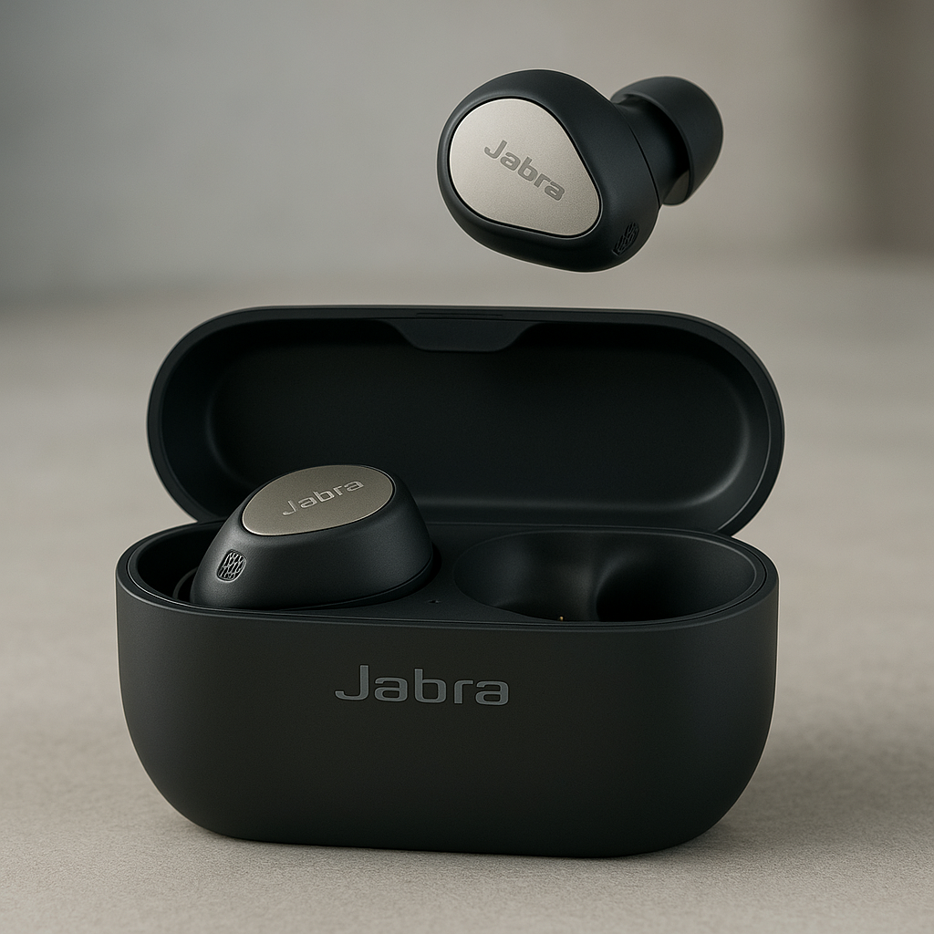 Ultra-realistic photo of Jabra wireless earbuds with charging case placed on a clean modern surface, featuring sleek matte black design, metallic accents, and natural soft lighting for a premium aesthetic.