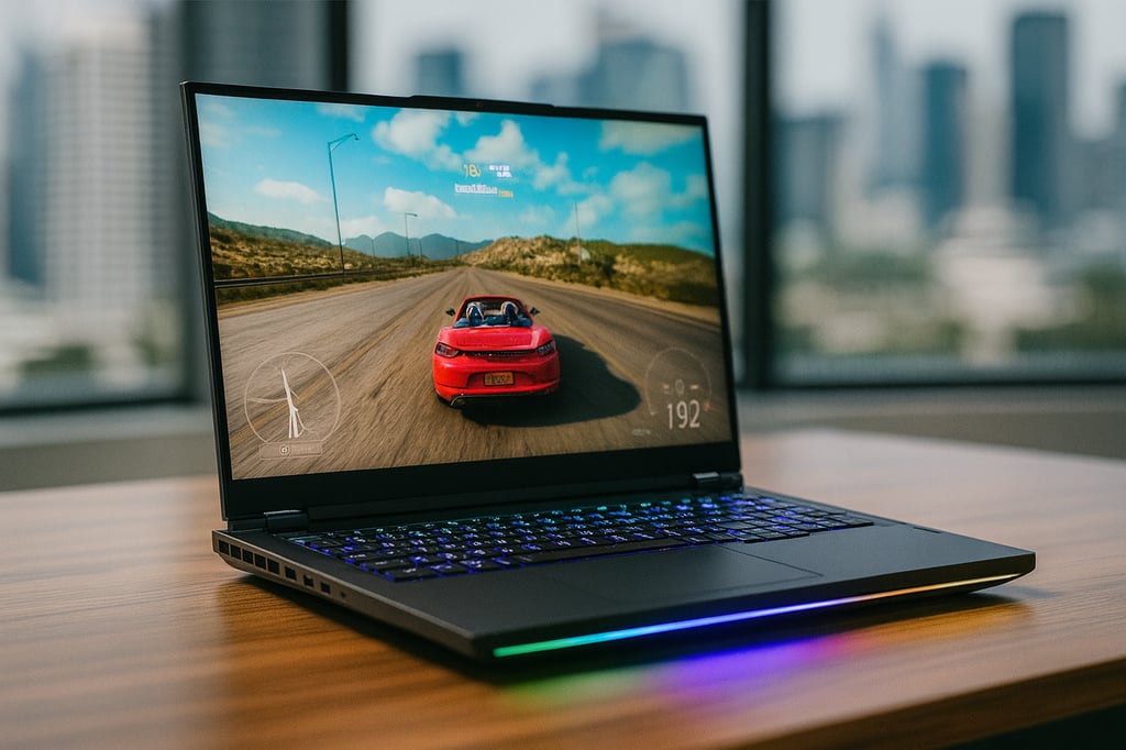 RGB-lit Lenovo Legion Pro 7i gaming laptop on a wooden desk beside a large window, screen showing a red sports car racing down a highway, with a softly blurred city skyline in the background.
