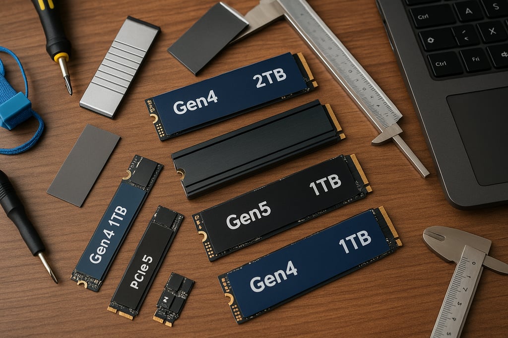 Best NVMe SSDs for laptops: four M.2 NVMe drives (Gen4 2TB, Gen5 1TB, Gen4 1TB) neatly arranged on a wooden desk beside a heatsink, screwdriver, calipers, and a laptop showing its M.2 slot.