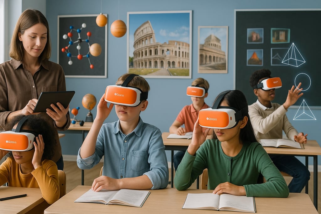 Integrating ClassVR across subjects: diverse students wearing orange-and-white ClassVR headsets explore lessons while a teacher monitors on a tablet; classroom shows science models, history posters, and geometry visuals.
