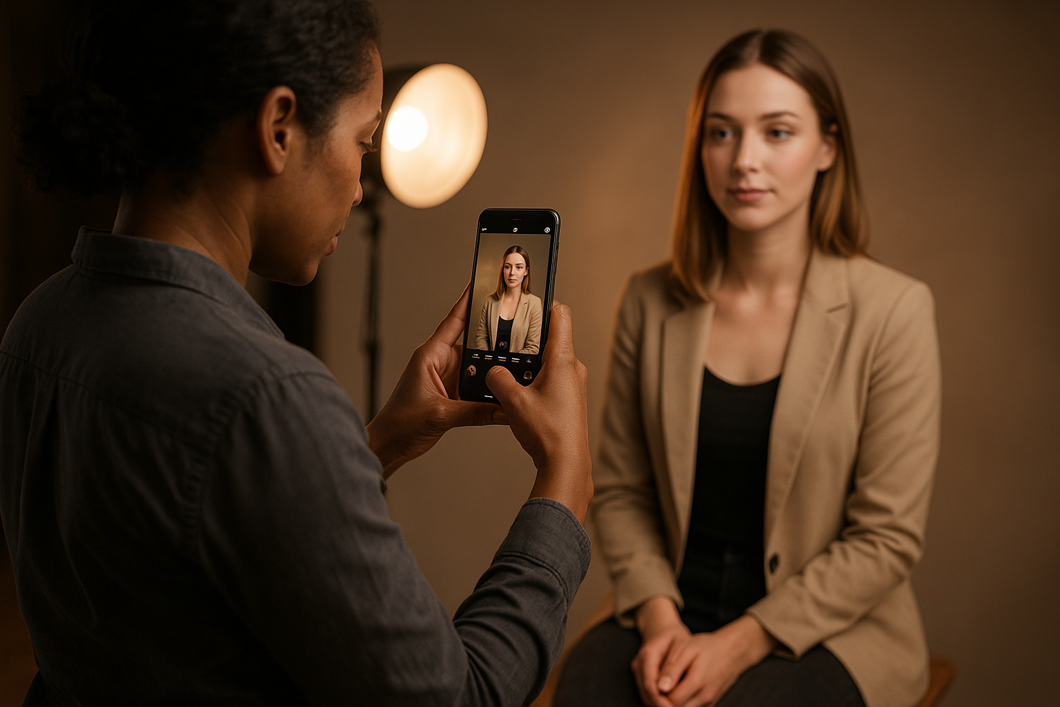 Professional African-American female photographer holding a smartphone to frame a portrait of a young woman seated against a softly lit studio backdrop