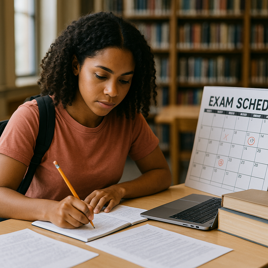 College student preparing for exams, studying with notes and a laptop beside an exam schedule calendar in a quiet library.