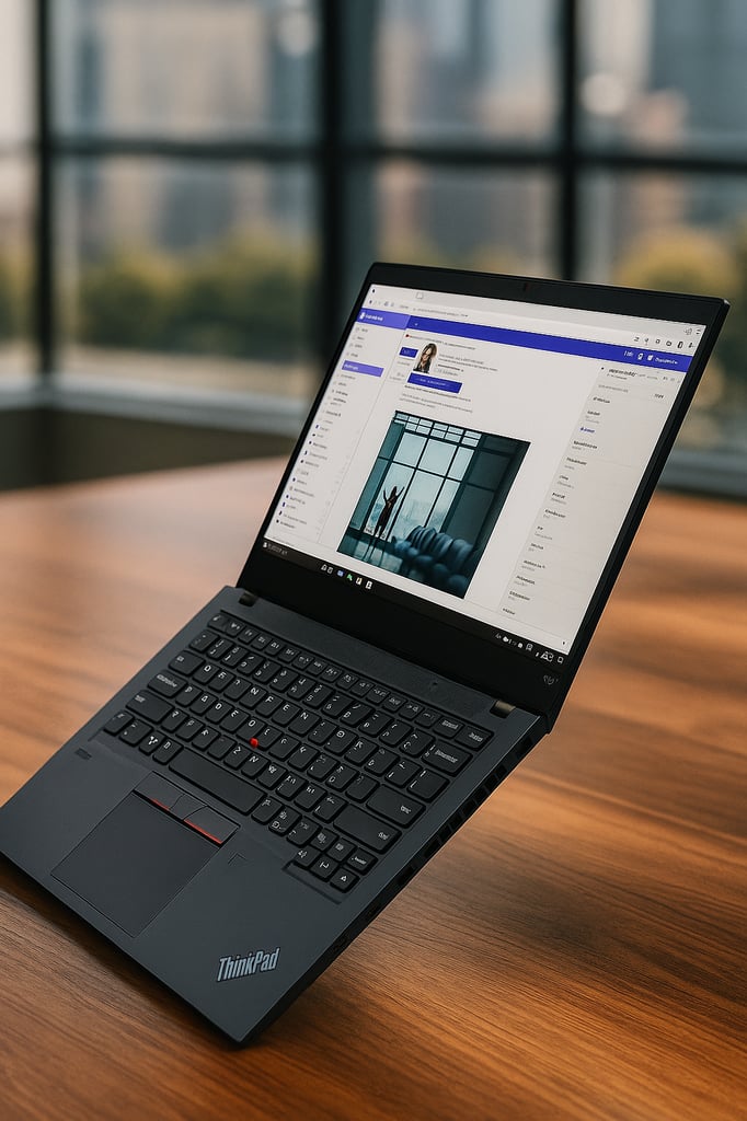 Lenovo ThinkPad T14s laptop angled open on a walnut desk in a modern office, screen displaying an email client with a purple header, with large window panes and a softly blurred city view in the background.