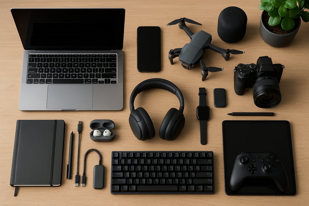 Top-down flat lay of modern tech gear on a light wooden desk: open laptop, smartphone, over-ear headphones, compact drone, mirrorless camera with lens, smart speaker, tablet with game controller, compact keyboard, smartwatch, earbuds in charging case, adapters, stylus, notebook, and a small potted plant, photographed in soft natural light.