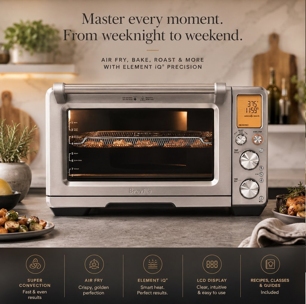 Breville BOV900BSS Smart Oven Air Convection Oven in a premium kitchen advertisement setting