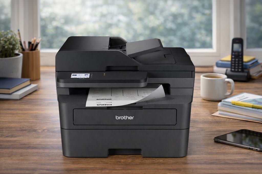 Black Brother monochrome laser all-in-one printer on a wooden desk in a bright home office, printing a document; a window with blurred greenery, books, pens, a coffee mug, and a smartphone appear in the background.