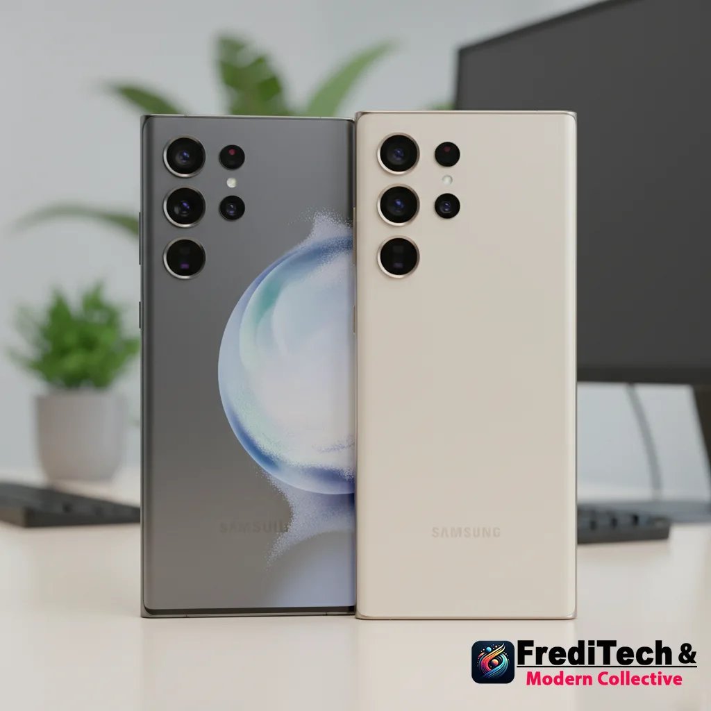 Samsung Galaxy S23 Ultra in gray (left) and Galaxy S24 Ultra in beige/cream (right) standing side by side on a desk, showing the quad-camera rings and clean, flat-edged design in a soft studio office setting.