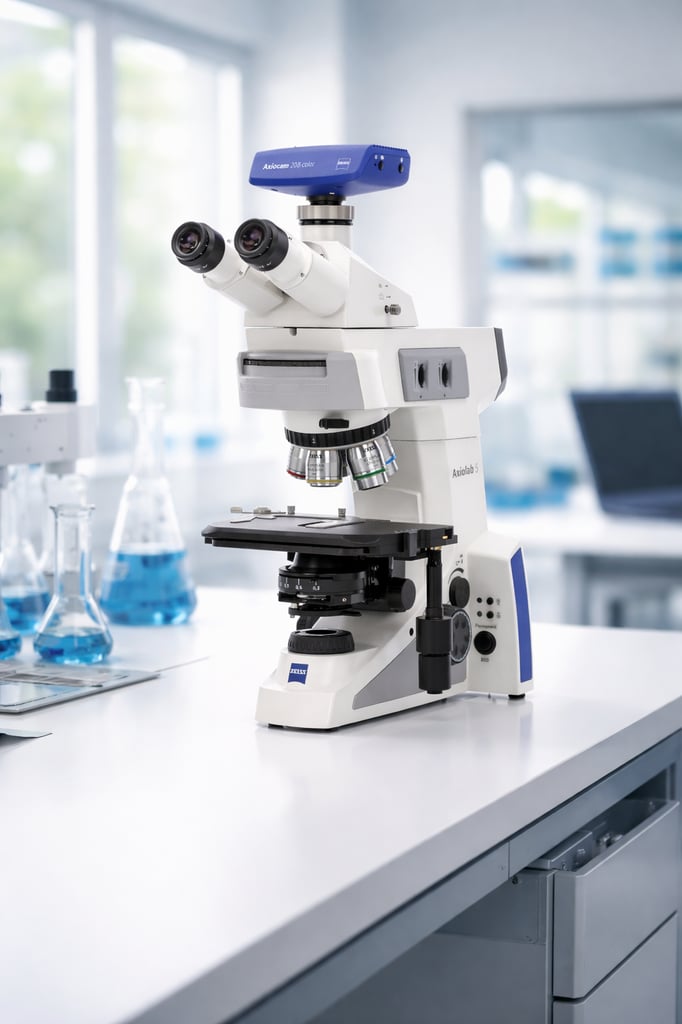 Zeiss Axiolab 5 compound microscope with AxioCam color camera on a modern laboratory bench, realistic clinical lab background.