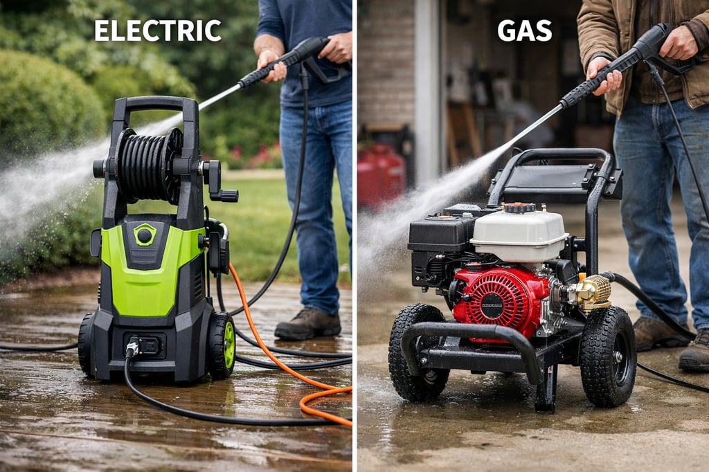 Side-by-side ultra-real photo comparison of an electric pressure washer (compact, corded unit) and a gas pressure washer (larger engine-powered unit) spraying water on a wet driveway, showing size, power setup, and typical use case differences.