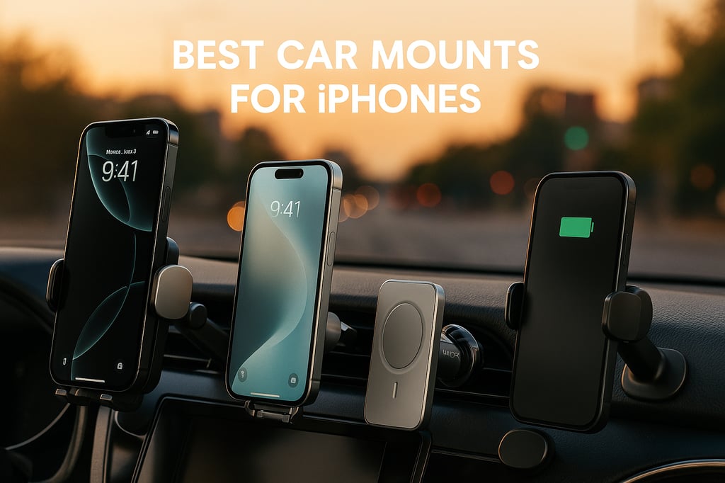 Four different iPhone car mounts installed side by side on a dashboard, each holding or aligned with an iPhone. The photo was taken at golden hour with a blurred urban street scene outside, warm bokeh lights, and the dashboard’s textured surface visible.