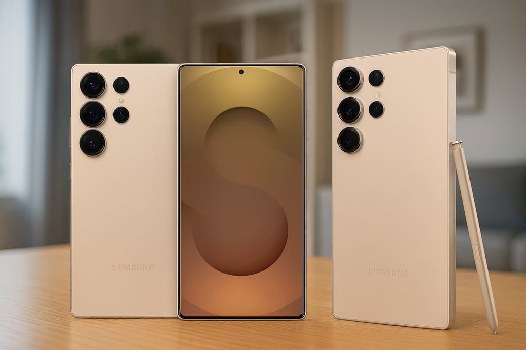 Three Samsung Galaxy S25 Ultra phones in cream color on a wooden table, showing front display and rear triple-camera setup with S Pen in a softly blurred living room background
