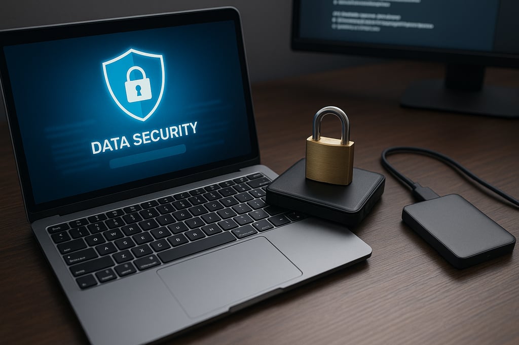 Laptop screen showing a glowing shield icon with the words 'Data Security,' placed beside an external hard drive secured with a padlock—symbolizing best practices in protecting sensitive information.
