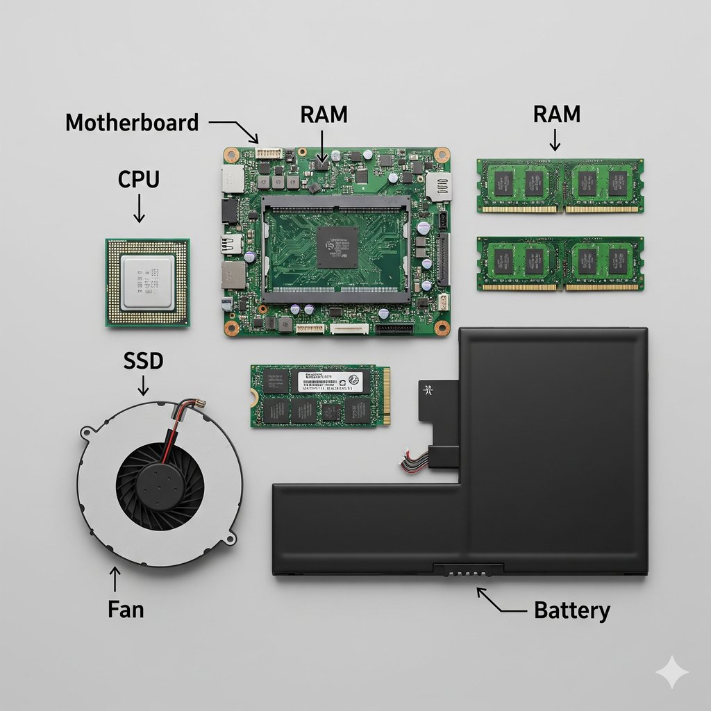 Ultra-realistic professional image titled 'Understanding Laptop Hardware.' A modern laptop is placed on a wooden desk, partially disassembled to reveal its internal components including the motherboard, cooling fan, RAM, and storage modules. The laptop screen displays a glowing digital schematic of a CPU, emphasizing the core of laptop hardware.