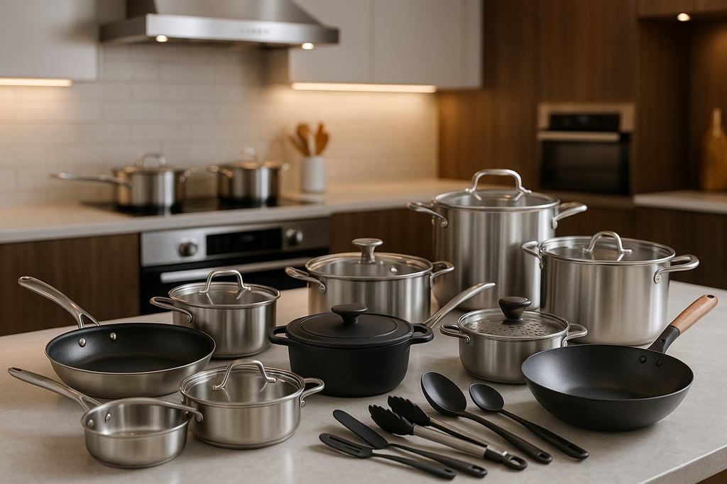 Contemporary kitchen interior with a full set of modern cookware on a light stone island: stainless-steel stockpots and saucepans with glass lids, a nonstick skillet, a carbon-steel wok with wooden handle, a black cast-iron Dutch oven, and black silicone utensils; blurred induction range and hood in the background.