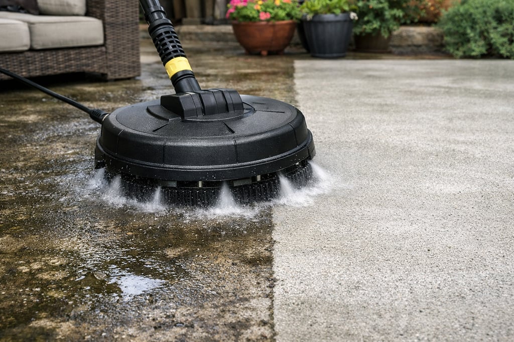 A pressure washer surface-cleaning attachment glides across a dirty concrete patio, with the spinning round pad spraying high-pressure water evenly and leaving a clearly cleaner strip behind.