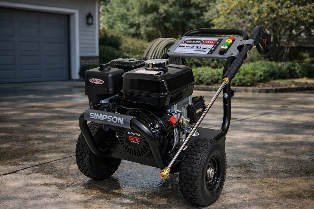 Simpson gas-powered pressure washer on a wet residential driveway in daylight, featuring a black steel frame and Honda GX engine, with a coiled hose, spray wand, and quick-connect nozzles; garage door and green shrubs in the background.