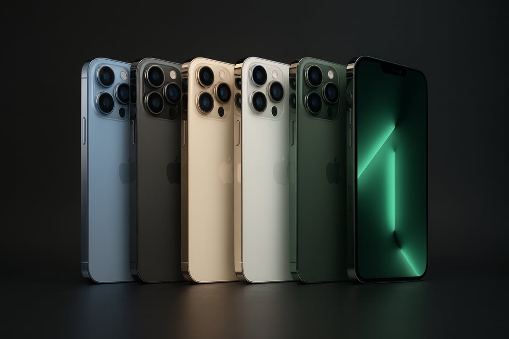 Row of five iPhone 13 Pro models—Sierra Blue, Graphite, Gold, Silver, and Alpine Green—on a dark gradient background, with the rightmost phone showing a glowing green display.