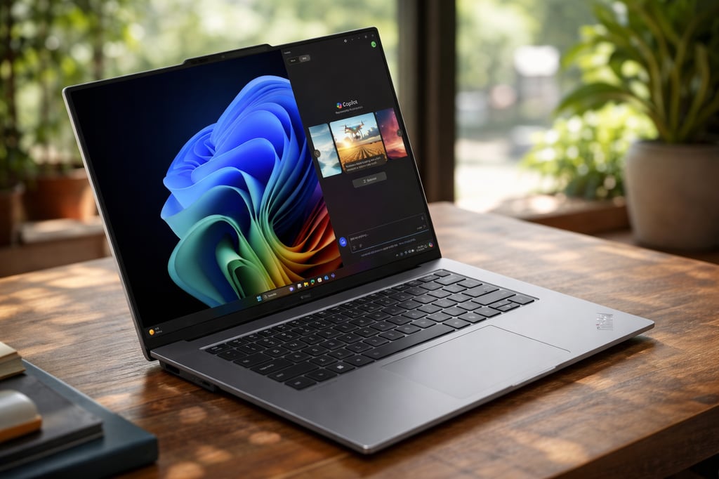 Lenovo ThinkPad X9 15 Aura Edition laptop on a wooden desk with a bright window-lit office background, showing a colorful Windows wallpaper and Copilot interface on screen.