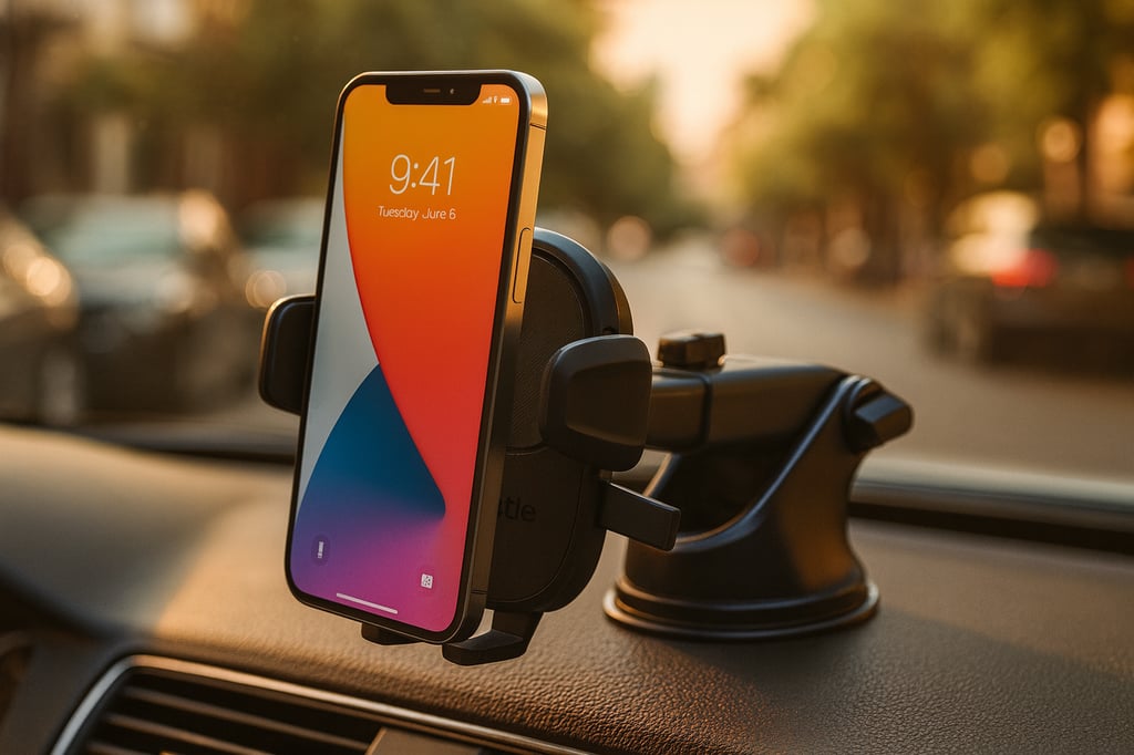 iPhone mounted on an iOttie dashboard suction phone holder inside a car, with a blurred city street in warm golden-hour light visible through the windshield.
