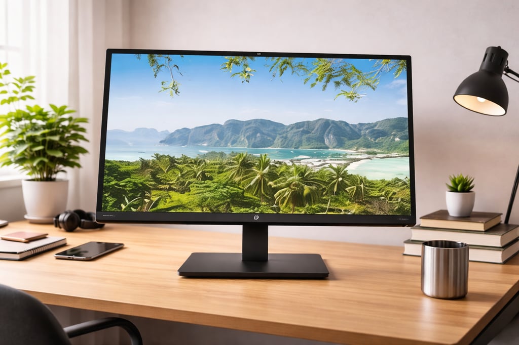 HP monitor on a realistic wooden study desk in a bright home office, displaying a tropical landscape wallpaper with palm trees and mountains, with desk lamp, books, phone, and a small plant nearby.