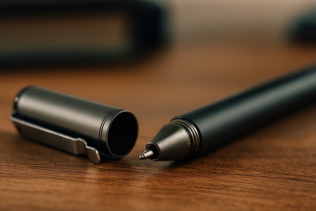 Close-up of a Livescribe Symphony Smartpen placed on a wooden desk, with its cap removed and lying beside it. The pen’s sleek black metallic finish highlights its professional and modern design, ideal for taking handwritten digital notes.