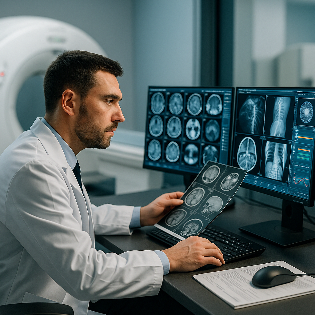 Radiologist in a white lab coat reviewing MRI, CT and X-ray scans on dual monitors in a modern medical imaging lab, illustrating understanding of medical imaging technologies.