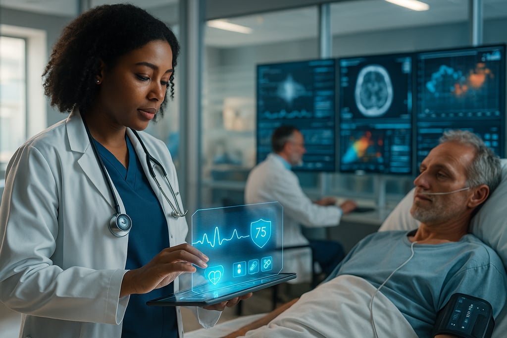 Doctor reviews holographic patient vitals on a tablet beside a hospital bed while AI dashboards run on wall monitors—concept of data-driven diagnostics and patient-centered care in a modern hospital.