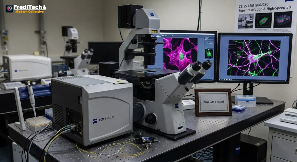Zeiss LSM 5 Pascal confocal microscope setup in a medical research lab, with two monitors displaying fluorescent neuron images and various lab instruments arranged on the optical table.