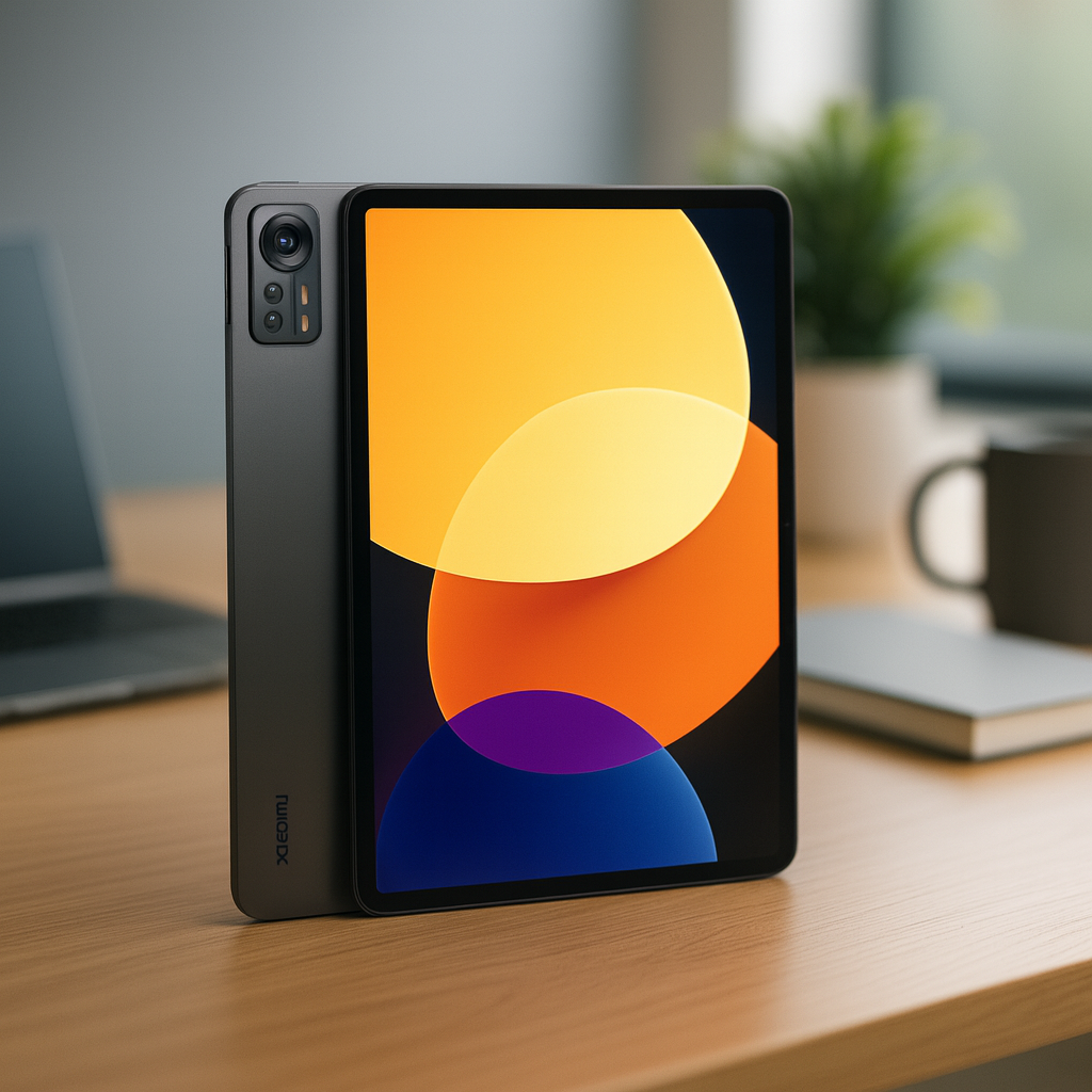 Xiaomi tablet standing upright on a light wooden desk, displaying a bold yellow–orange–purple geometric wallpaper; modern office background with a blurred laptop, plant, and mug in soft natural light.
