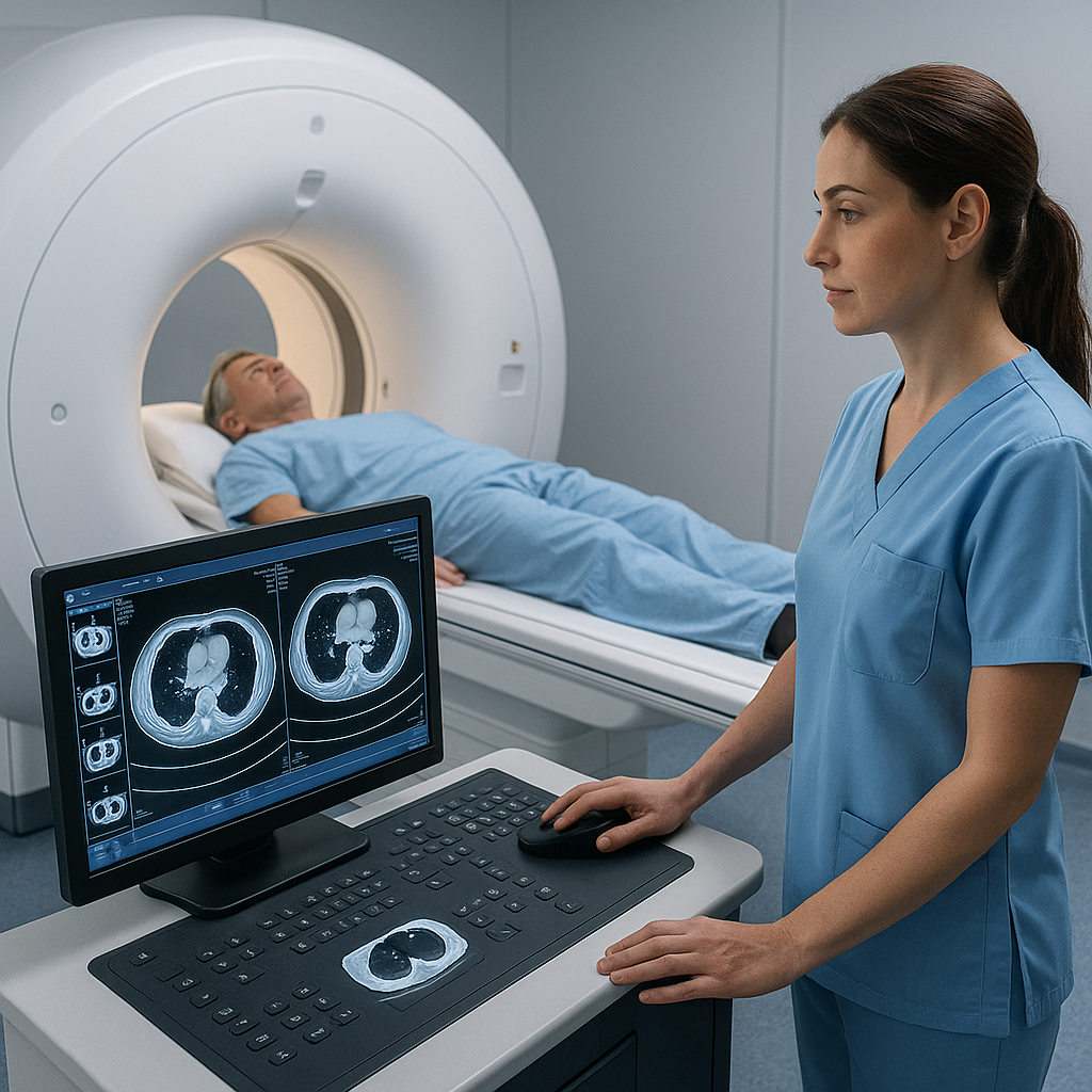 Computed tomography scan in a modern hospital, with a technologist in blue scrubs operating the CT console while a patient lies on the table inside the circular scanner and detailed chest CT images appear on the monitor.
