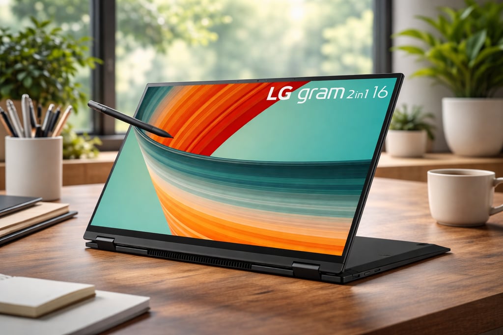 LG Gram 16 2-in-1 laptop in tent mode on a wooden desk in a bright modern workspace, with a stylus beside the display and a colorful LG Gram screen image.