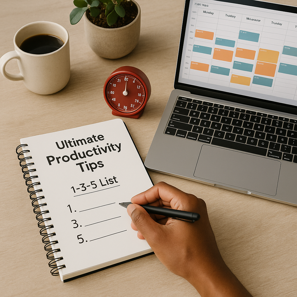 Overhead workspace scene for “Ultimate Productivity Tips”: a hand writes in a spiral notebook next to a laptop with a time-blocked calendar, a red Pomodoro timer, a coffee mug, and a small plant on a light wood desk.