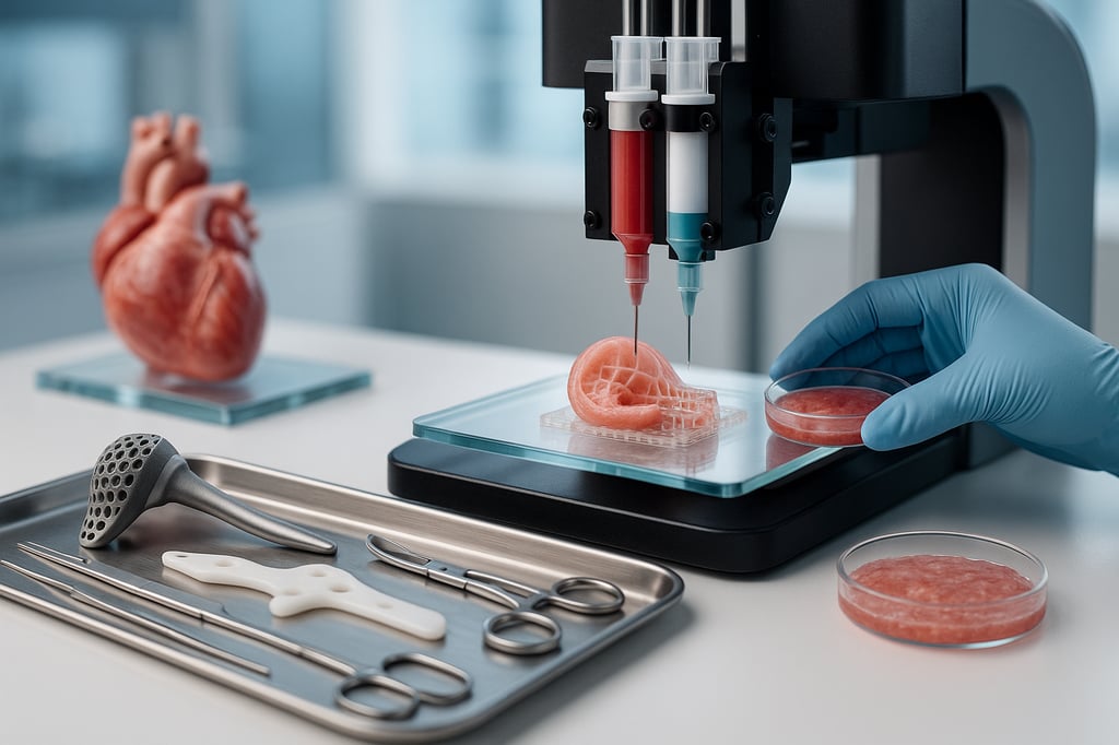 Close-up of a modern 3-D bioprinter depositing bio-ink to fabricate a cartilage-like ear on a glass plate; a personalized titanium implant and surgical instruments on a tray, with a printed human heart model in the background in a bright, sterile lab.